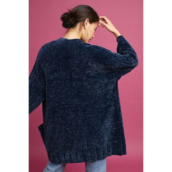 ANTHROPOLOGIE Moth Blue Chenille Oversized Wide Sleeve Cardigan Sweater Large - Picture 3 of 10